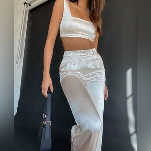 NWT Princess Polly Two Piece Set Crop Top Wide Leg Pants Champagne Ivory Bridal